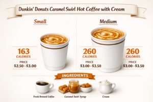 Dunkin Donuts Caramel Swirl Hot Coffee with cream, small & medium